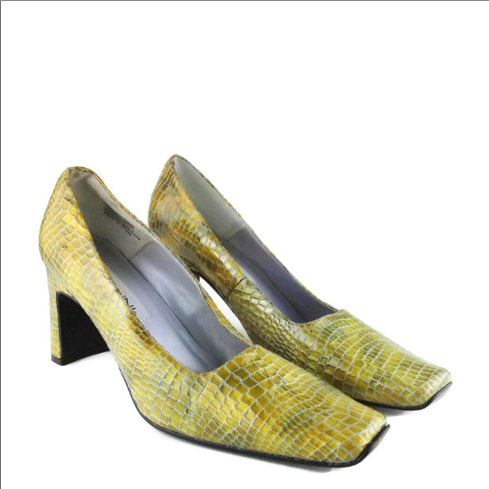 BELLINI GREEN/GOLD CROC EMBOSSED SQUARE TOE HEEL